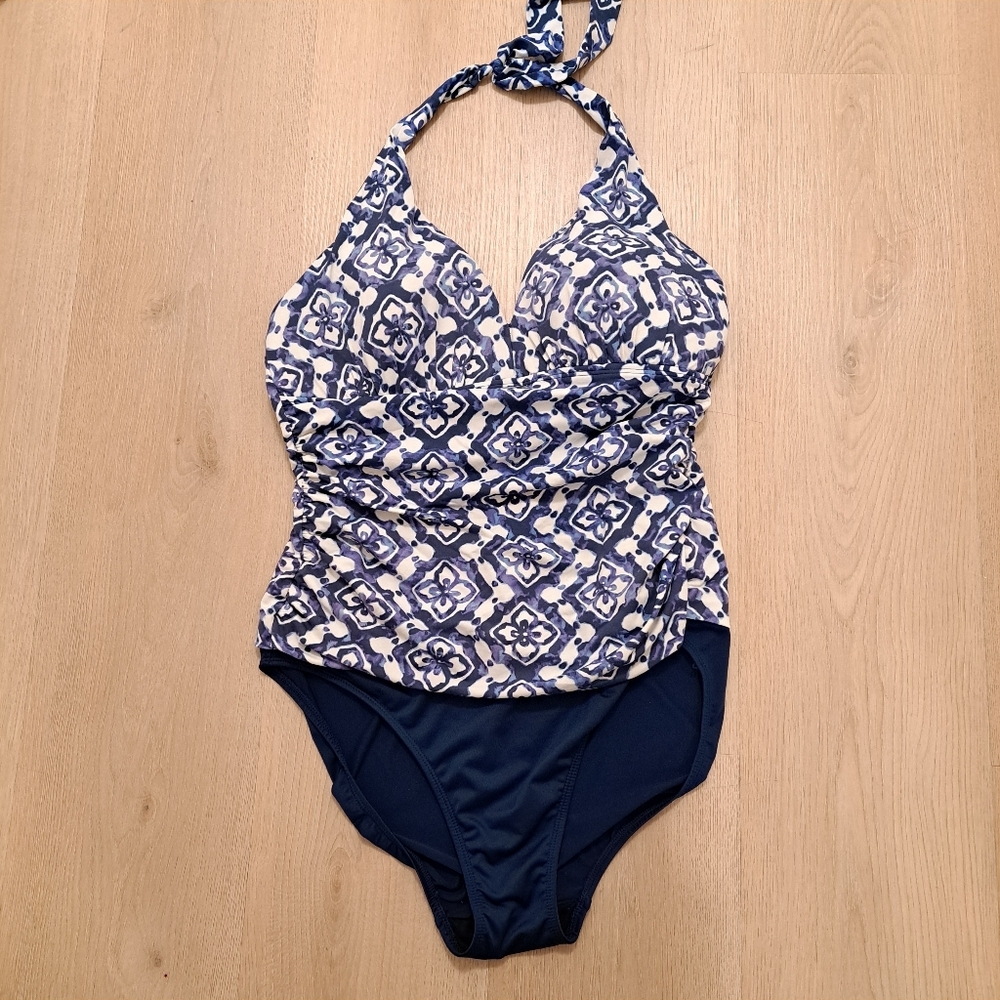LRL Navy Blue‎ White Geometric Floral Halter Cute One Piece Swimsuit Size XL